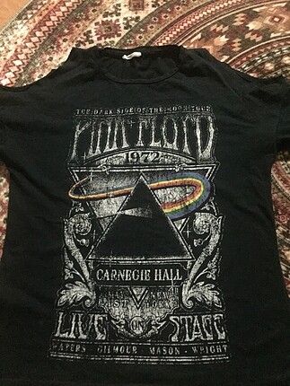 pink floyd baskılı omuzları kesik t shirt