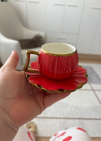  Beden sarı Renk Altın Detaylı Sarı Çiçek Tasarımlı Kahve Fincanı Seti
