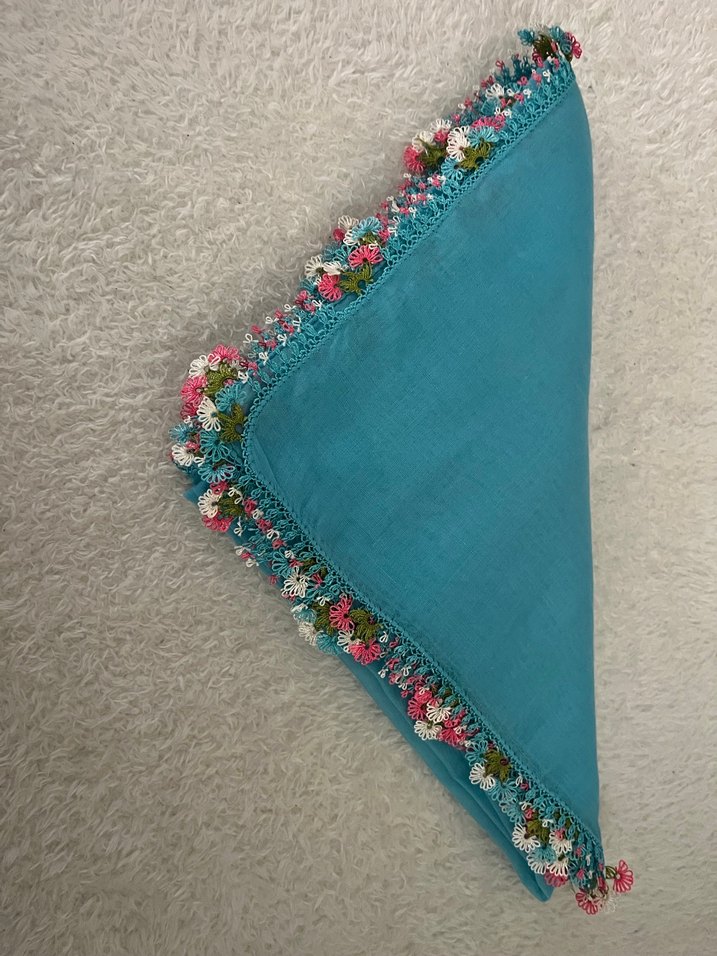 Turkuaz iğne oyası Kenarlı Kadın eşarp&tülbent&yazma - Görsel 3