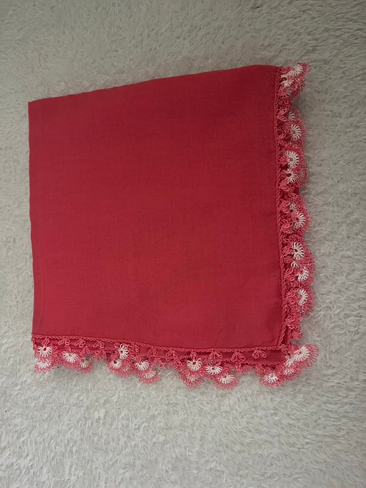 İğne oyası Detaylı Mercan Kırmızı Kadın Eşerp&Yazma&Tülbent - Görsel 2