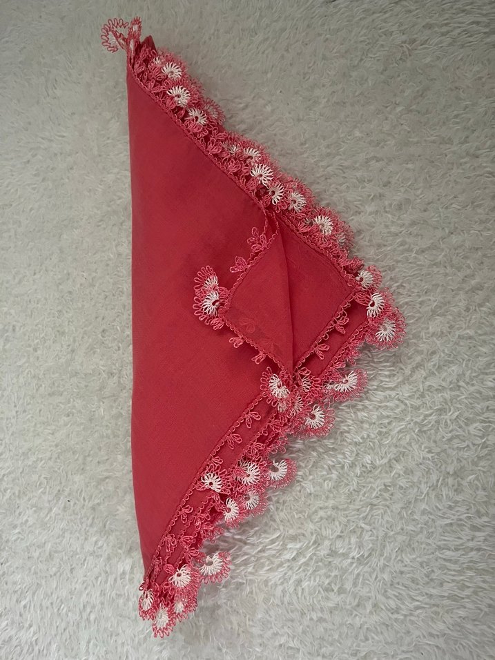 İğne oyası Detaylı Mercan Kırmızı Kadın Eşerp&Yazma&Tülbent - Görsel 3