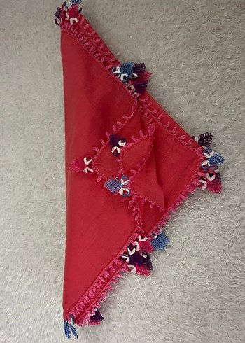 İğne oyası detaylı Püsküllü mercan Kırmızı Kadın Eşerp&yazma - Görsel 3