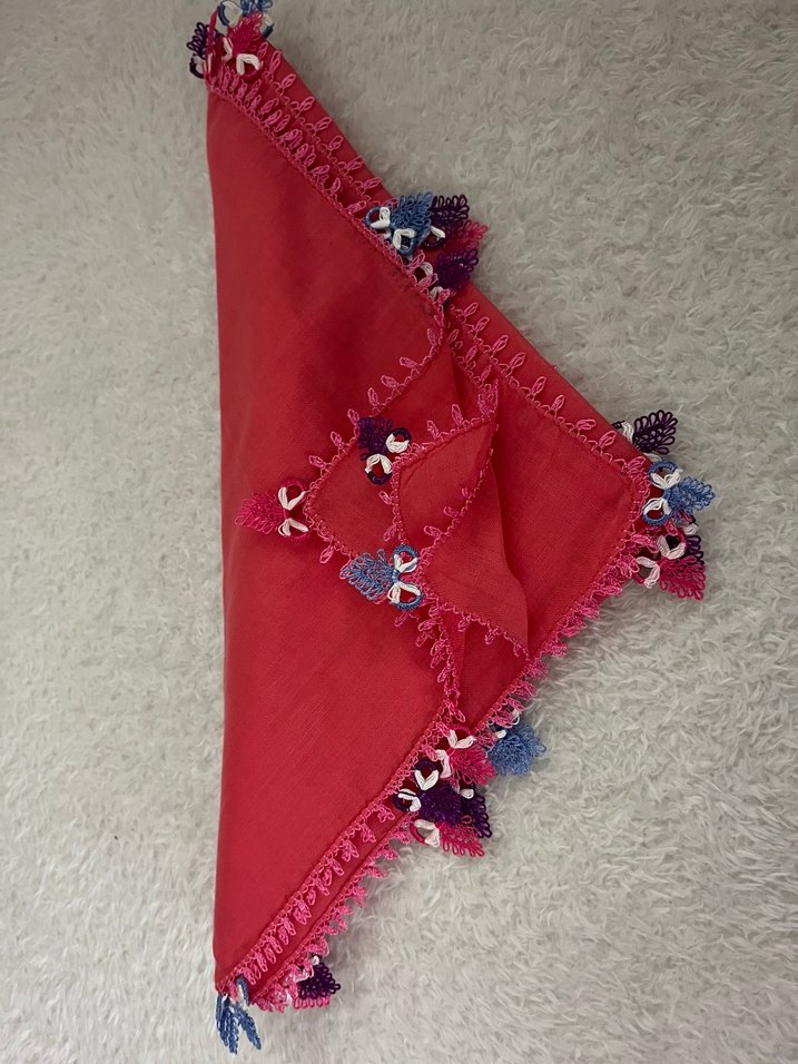 İğne oyası detaylı Püsküllü mercan Kırmızı Kadın Eşerp&yazma - Görsel 3