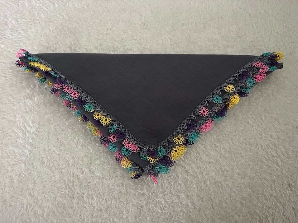 İğne oyası Detaylı  Gri Çok Renkli Kadın Eşarp & tülbent&yazma - Görsel 3