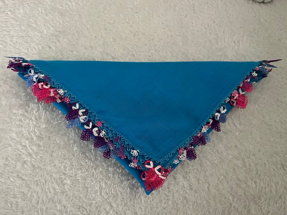 İğne oyası Detaylı turkuaz Mavi  Kadın Eşarp&yazma&tülbent - Görsel 3