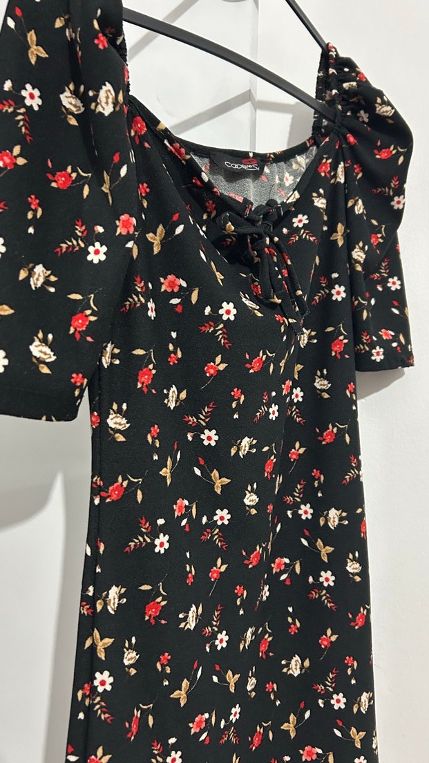 Çiçek Desenli Midi Elbise, Düğmeli, Kayık Yaka - Görsel 2