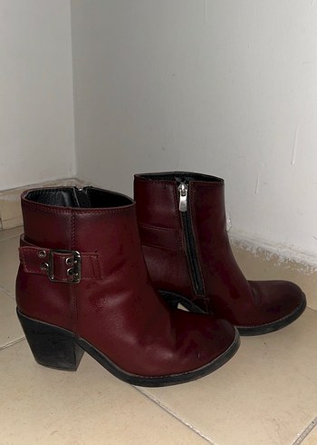 Bordo Deri Tokalı Vintage Kadın Bot