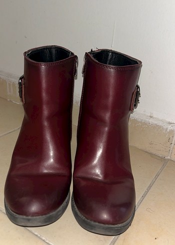 Bordo Deri Tokalı Vintage Kadın Bot - Görsel 4