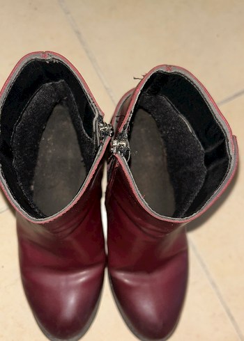 Bordo Deri Tokalı Vintage Kadın Bot - Görsel 7