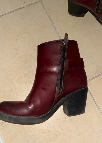 Bordo Deri Tokalı Vintage Kadın Bot - Görsel 5