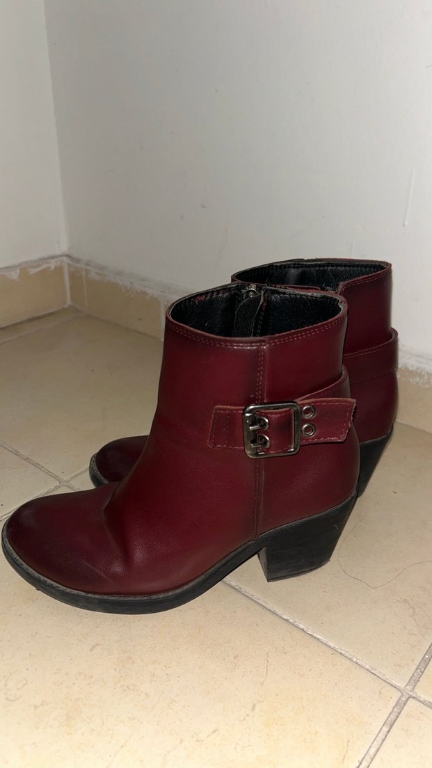 Bordo Deri Tokalı Vintage Kadın Bot - Görsel 2