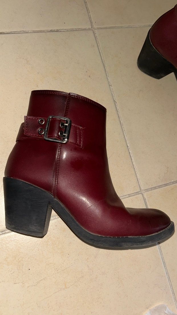 Bordo Deri Tokalı Vintage Kadın Bot - Görsel 3