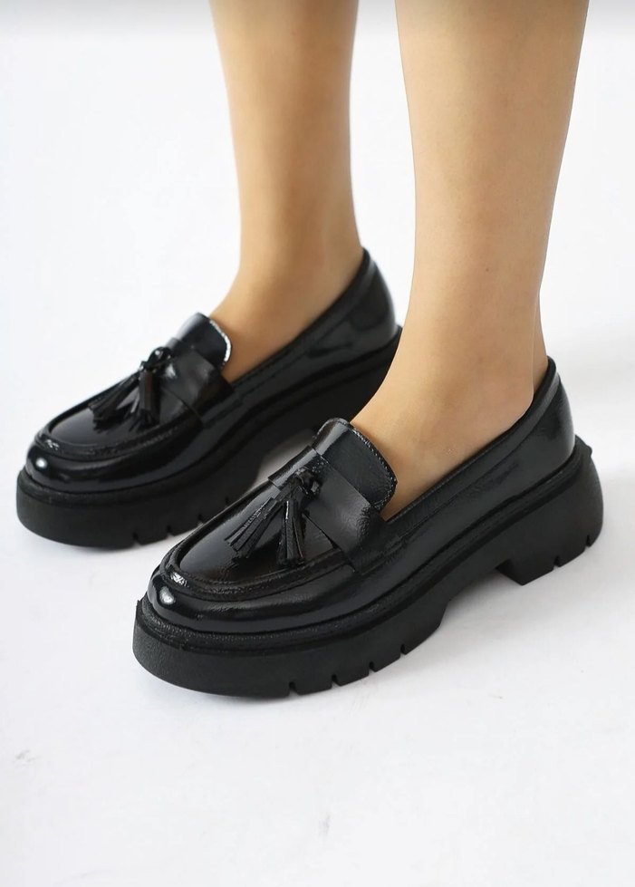 Siyah Parlak Platform Topuklu Kadın Oxford Ayakkabı. - Görsel 3