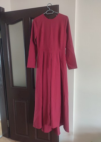 Abiye Bordo uzun kollu tesettüre uygun elbise