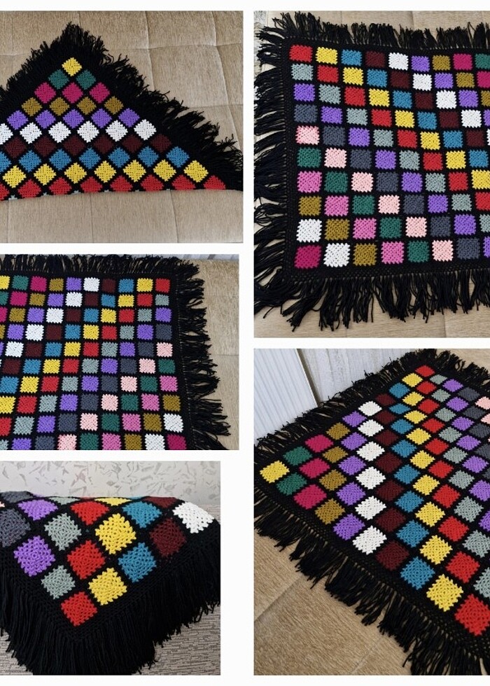 El işi rengarenk örülmüş kare örtü  - Görsel 3