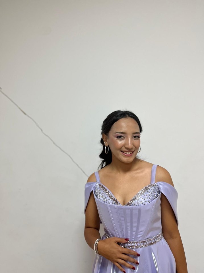 Saten Parlak Mor Straplez Uzun Abiye Elbise - Görsel 5