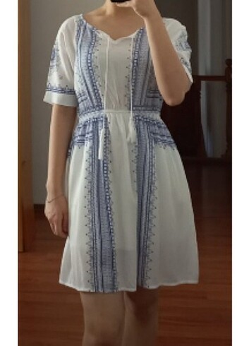 s Beden Beli Lastikli Mavi Desenli Elbise