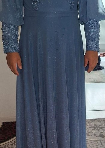 Mavi Uzun Kollu Abiye Elbise