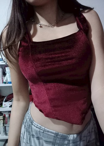 Bordo kare Yaka Pilili Mini Bustiyer - Görsel 4