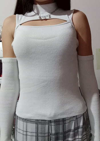 Beyaz Straplez Uzun Kollu Crop Top - Görsel 4