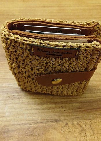 Hasir Örgü Bohem, taba rengi deri kartlikli Kadın cuzdan - Görsel 9