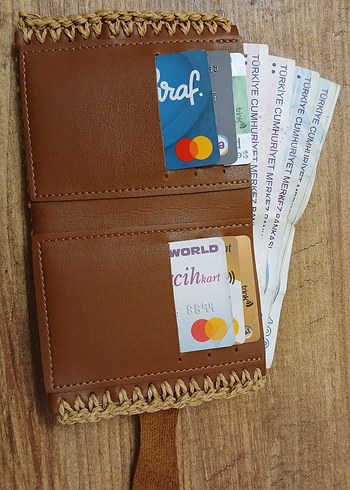 Hasir Örgü Bohem, taba rengi deri kartlikli Kadın cuzdan - Görsel 2