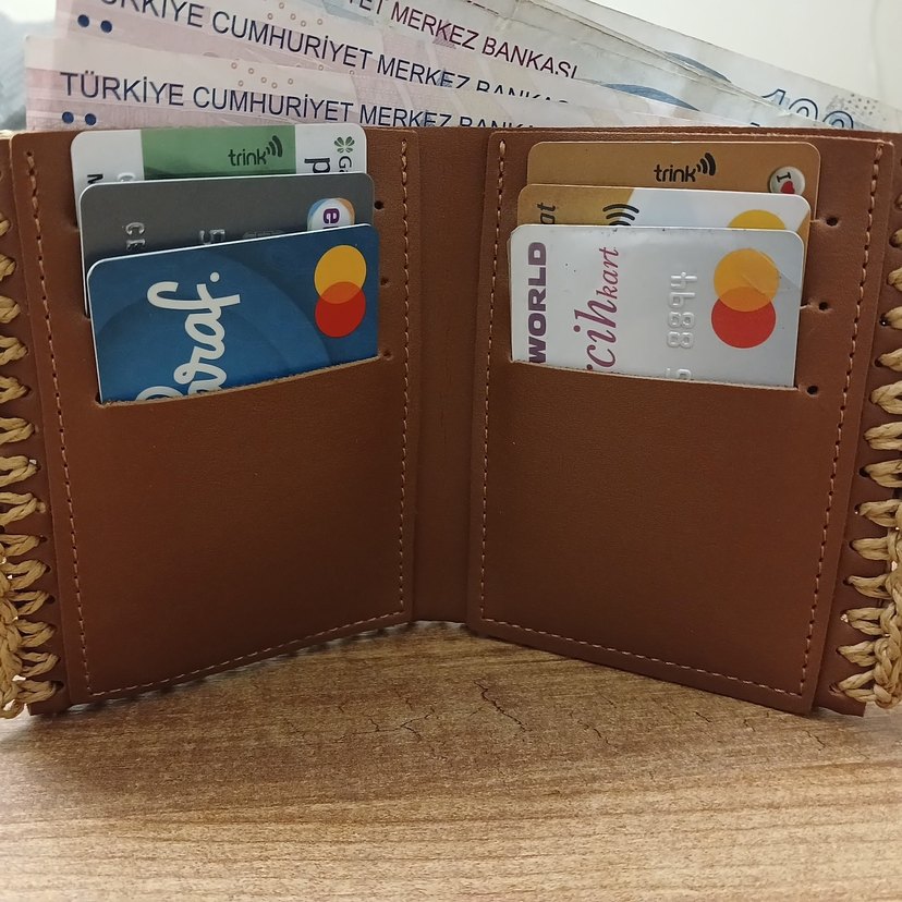 Hasir Örgü Bohem, taba rengi deri kartlikli Kadın cuzdan - Görsel 3