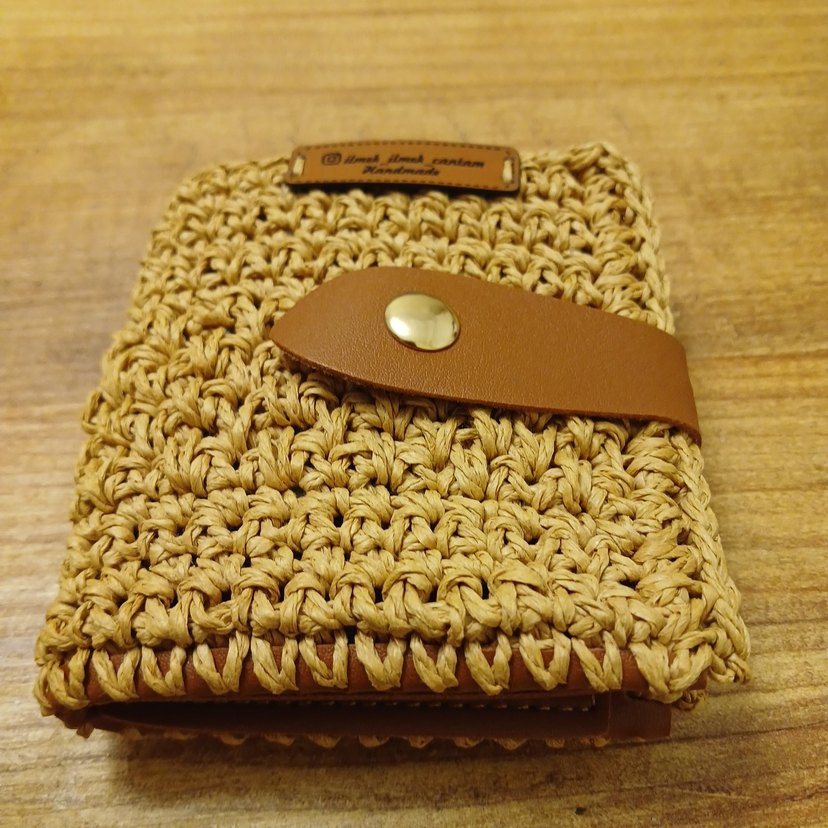 Hasir Örgü Bohem, taba rengi deri kartlikli Kadın cuzdan - Görsel 5