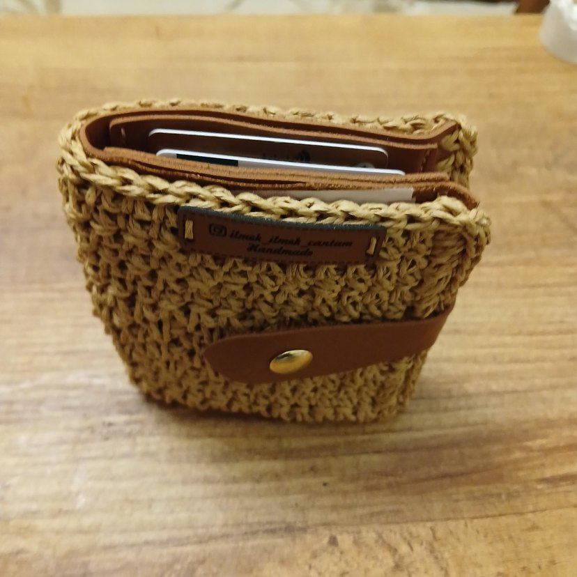 Hasir Örgü Bohem, taba rengi deri kartlikli Kadın cuzdan - Görsel 4