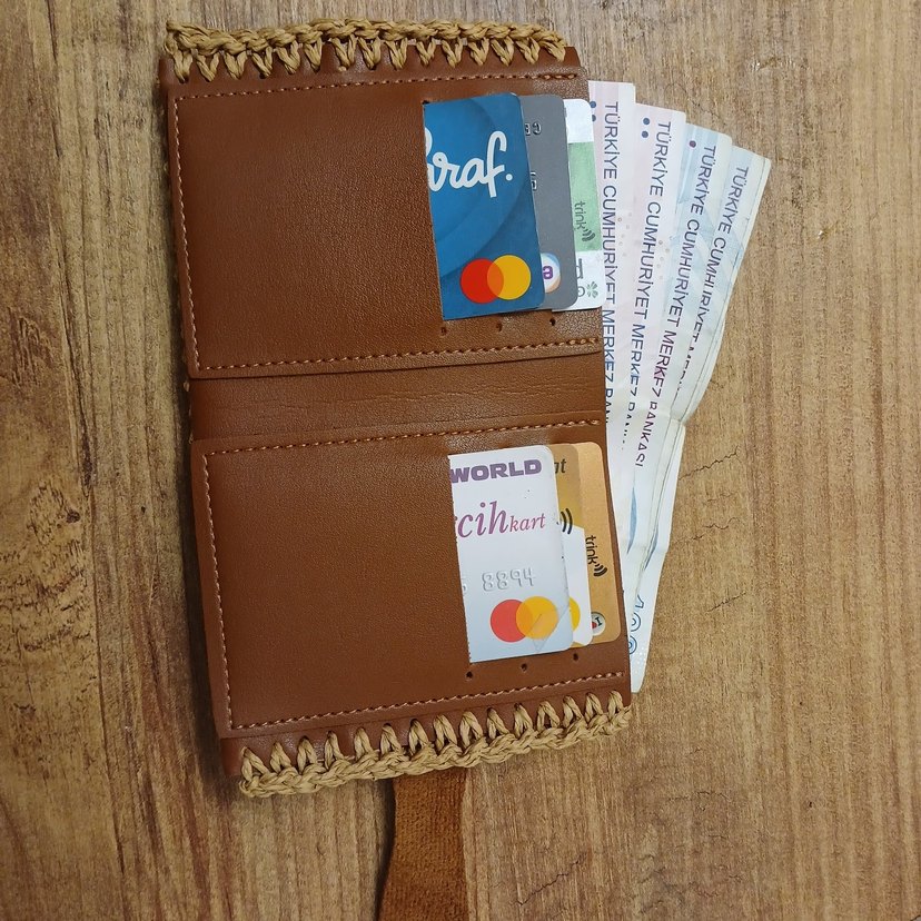 Hasir Örgü Bohem, taba rengi deri kartlikli Kadın cuzdan - Görsel 2