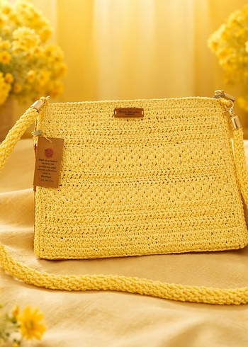 Sarı Örgü Kadın clach canta fermuar astar Detaylı - Görsel 2