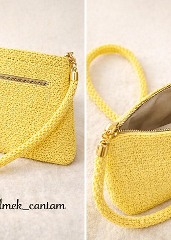 Sarı Örgü Kadın clach canta fermuar astar Detaylı - Görsel 4