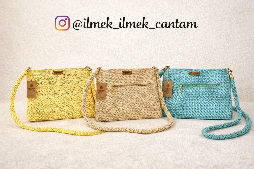 Sarı Örgü Kadın clach canta fermuar astar Detaylı - Görsel 3