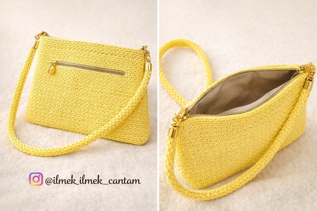 Sarı Örgü Kadın clach canta fermuar astar Detaylı - Görsel 4