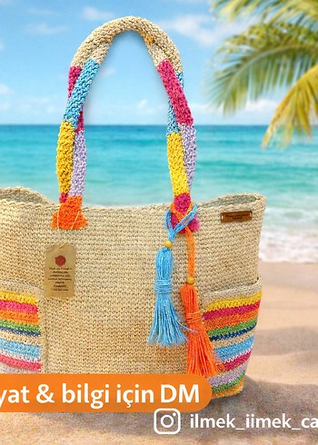 Püsküllü Çok Renkli Örgü Plaj Çantası - Görsel 2