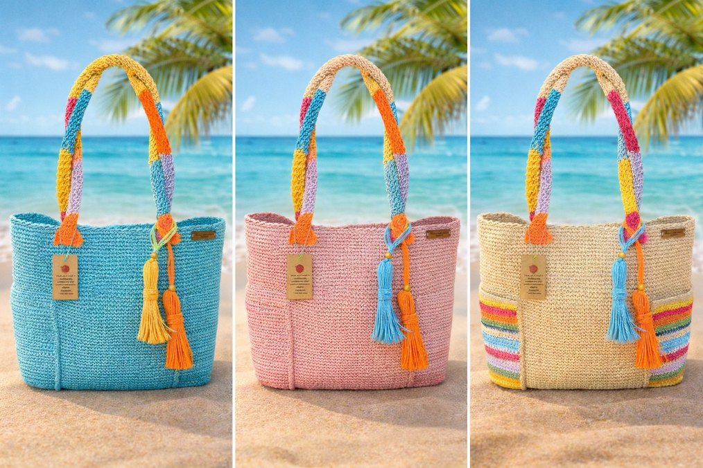 Püsküllü Çok Renkli Örgü Plaj Çantası - Görsel 4