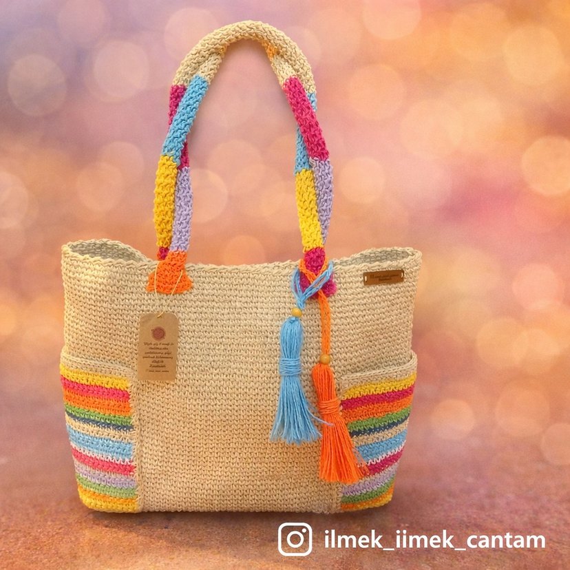 Püsküllü Çok Renkli Örgü Plaj Çantası - Görsel 3