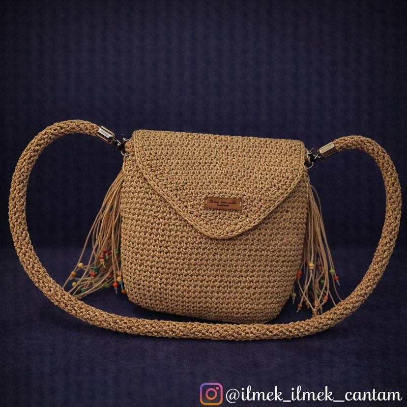 Püsküllü Bej Örgü Bohem Kadın Çanta - Görsel 2