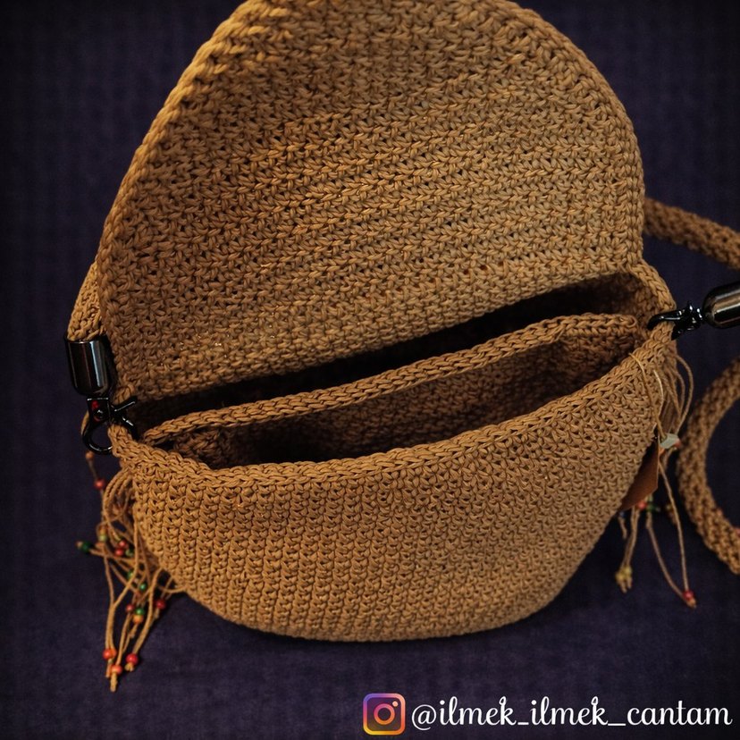 Püsküllü Bej Örgü Bohem Kadın Çanta - Görsel 3