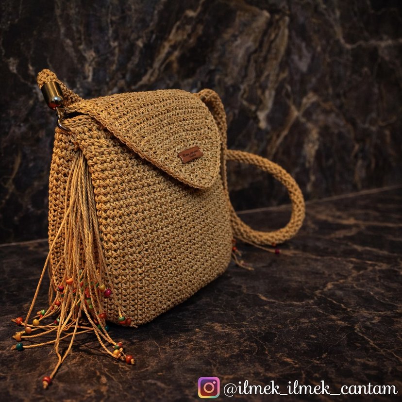 Püsküllü Bej Örgü Bohem Kadın Çanta - Görsel 4