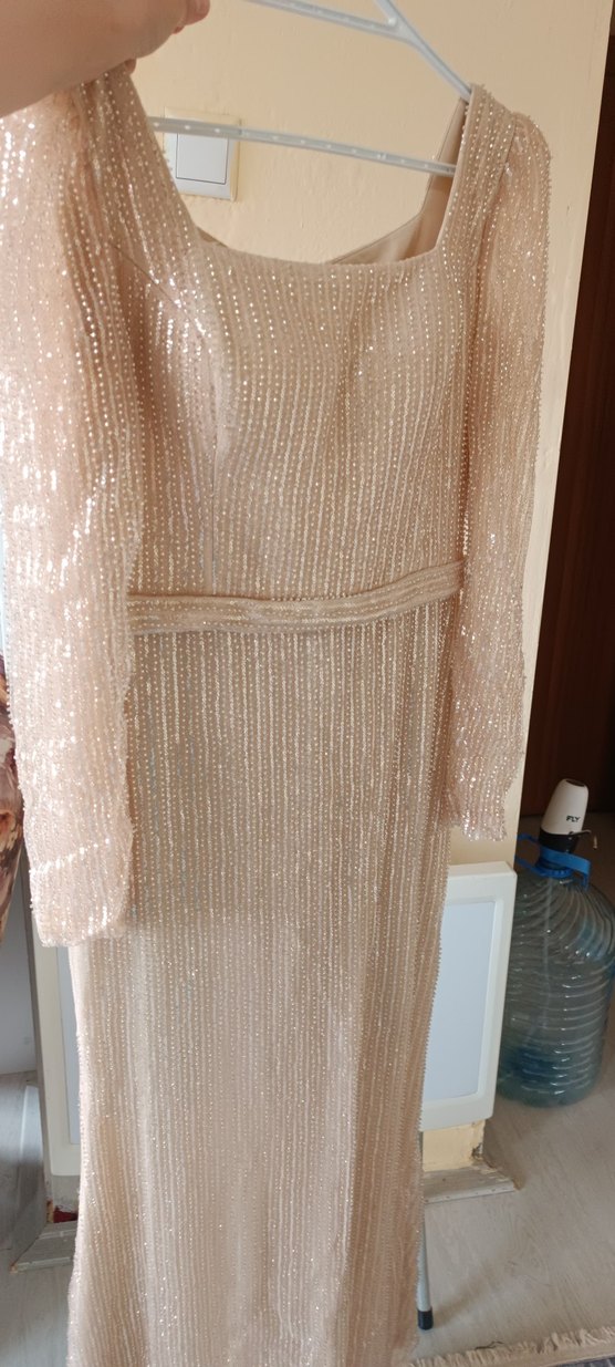 Bej Drapeli Uzun Abiye Elbise - Görsel 5