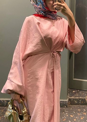 Pembe Bağcıklı Uzun Salaş Kadın Elbise - Görsel 3