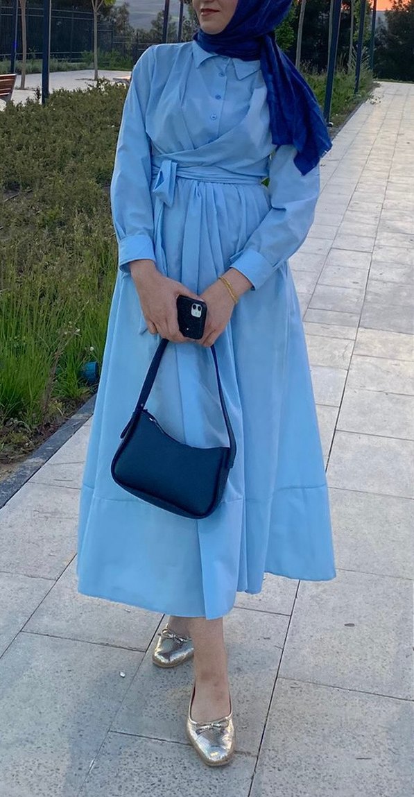 Mavi Uzun Kemerli Rahat Elbise - Görsel 2