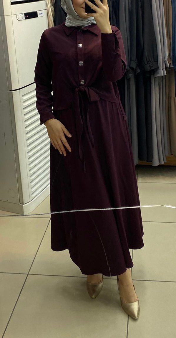 Bordo Uzun Kollu Elbise - Görsel 2