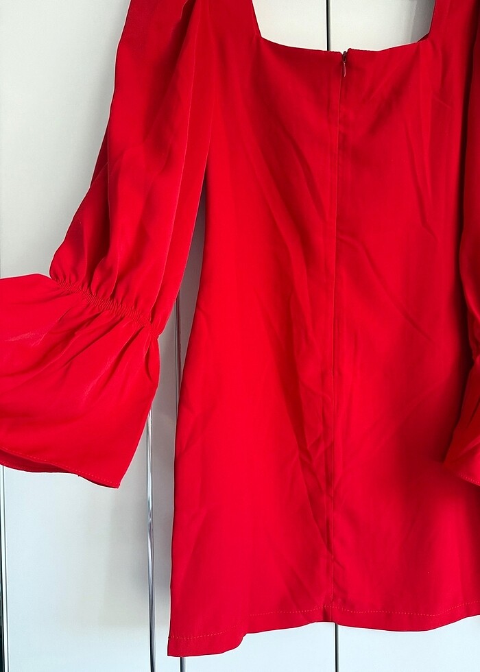 U Yaka Bilek Büzgü Detay Kalem Elbise - Görsel 4