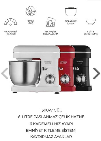 1500W 6 Litre Paslanmaz Çelik Hazneli Mikser