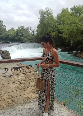 34 Beden Bohem Zebra Desenli Uzun Kadın elbise