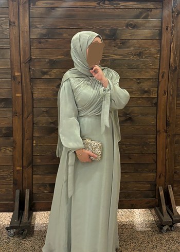 Su yeşili jan jan kumaş abiye elbise +şal