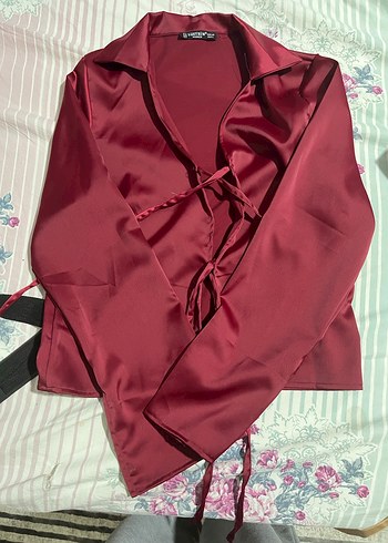 Bordo saten Kadın Gömlek - Görsel 2