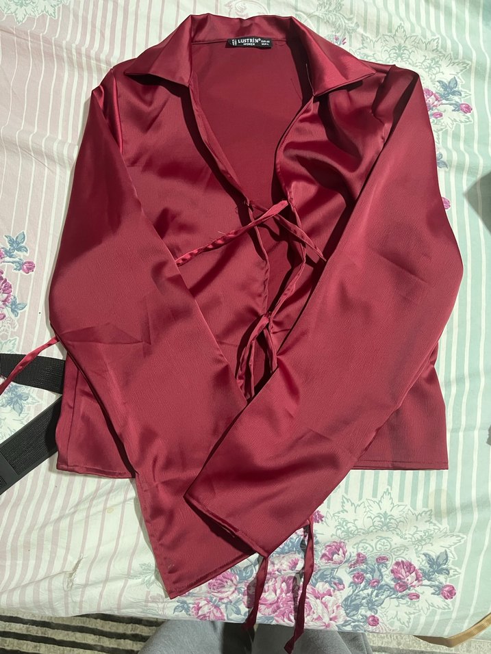 Bordo saten Kadın Gömlek - Görsel 2